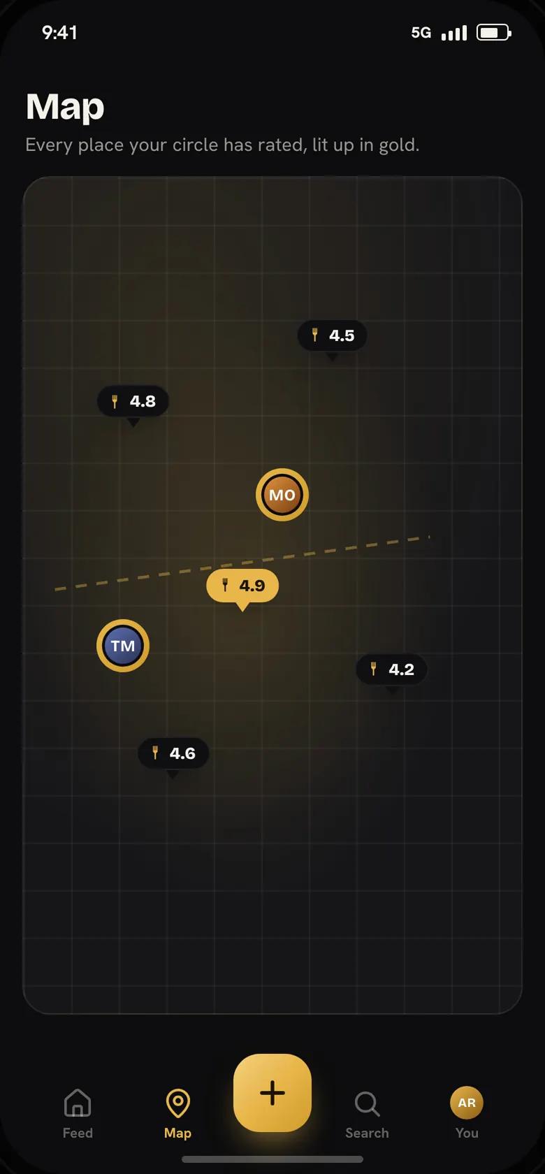 Fork's Map tab: gold pins with fork scores and friends' avatars over a dark map, captioned “Every place your circle has rated, lit up in gold.”