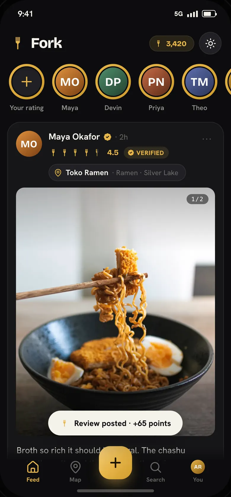 Toko Ramen review posted in the Fork feed with a gold Verified badge, and a toast reading “Review posted · +65 points”.