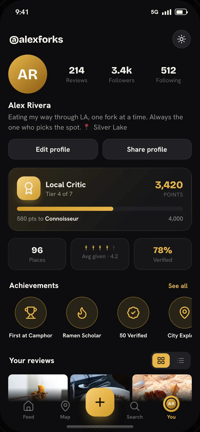 A Fork profile: Local Critic, tier 4 of 7, with 3,420 points and a progress bar toward Connoisseur.